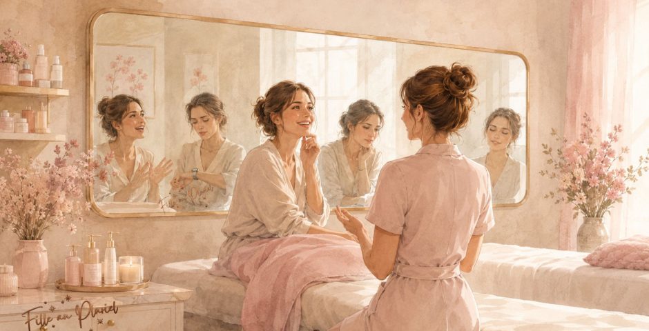 Esthéticienne accueillant différentes clientes dans son institut de beauté – Fille au Pluriel